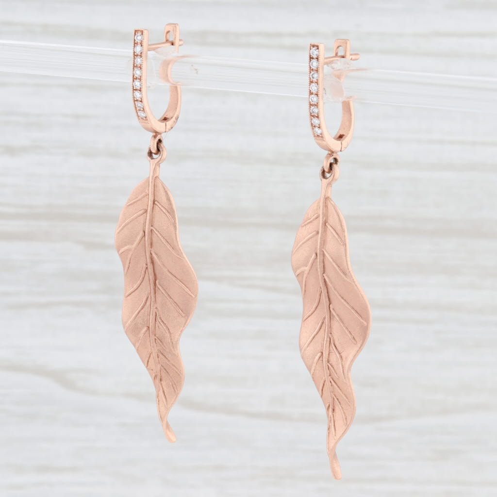 Light Gray New Leaf Dangle Earrings 14k Rose Gold Diamond Accents Pierced Drops