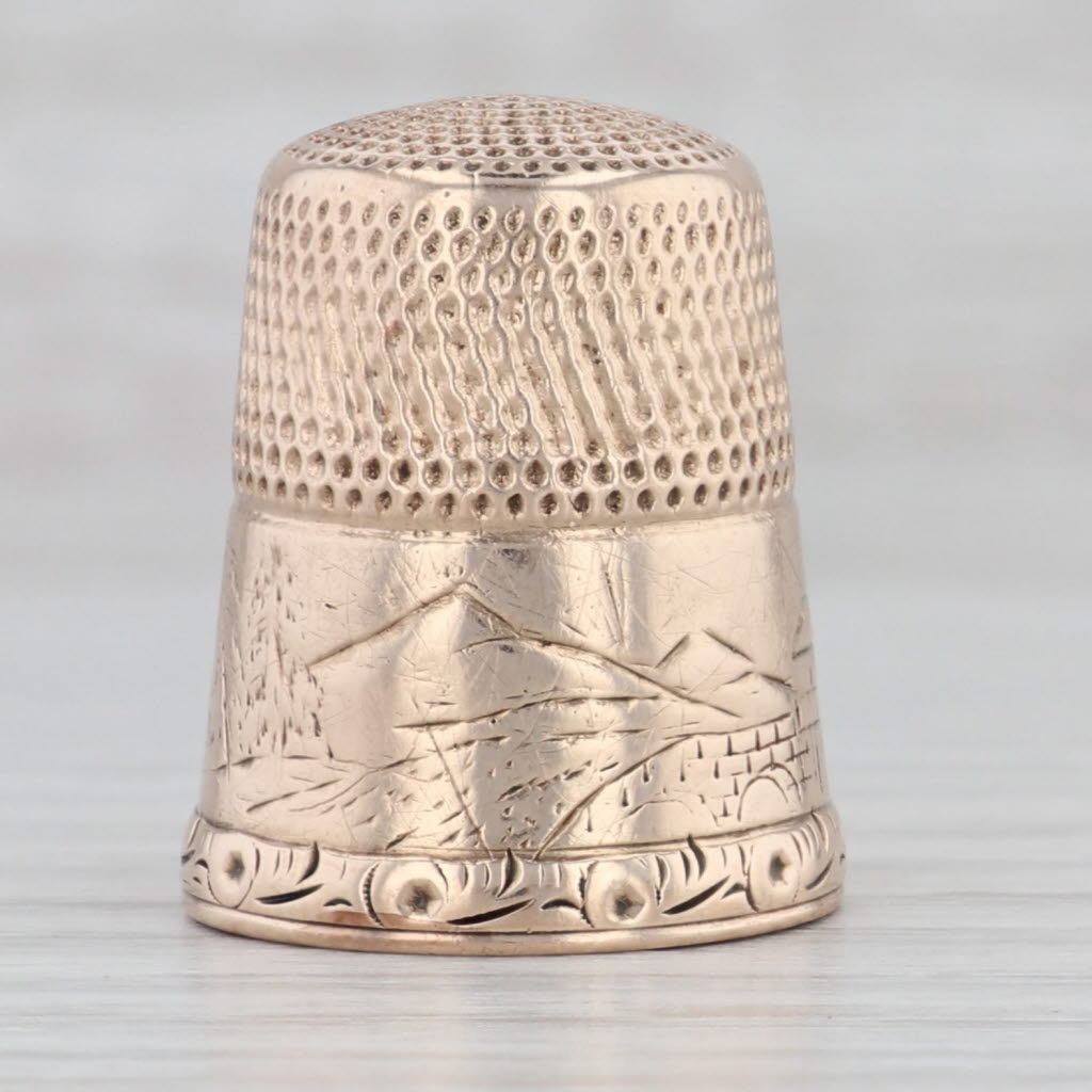 Gray Antique Size 10 Thimble 10k Gold Mountain Scene Sewing Keepsake Collectible