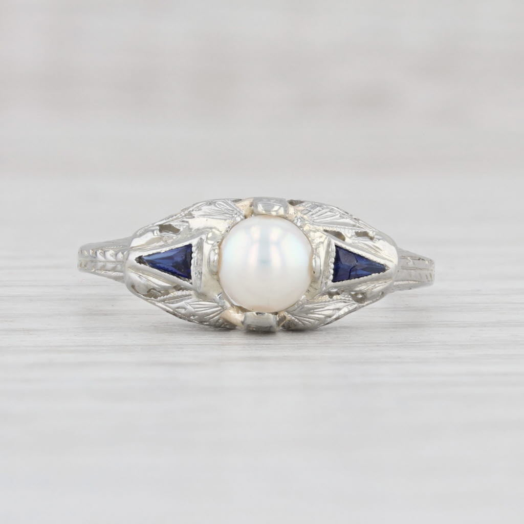 Light Gray Art Deco Cultured Pearl Lab Created Sapphire Ring 18k White Gold Size 7.75