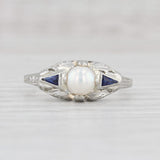 Art Deco Cultured Pearl Lab Created Sapphire Ring 18k White Gold Size 7.75